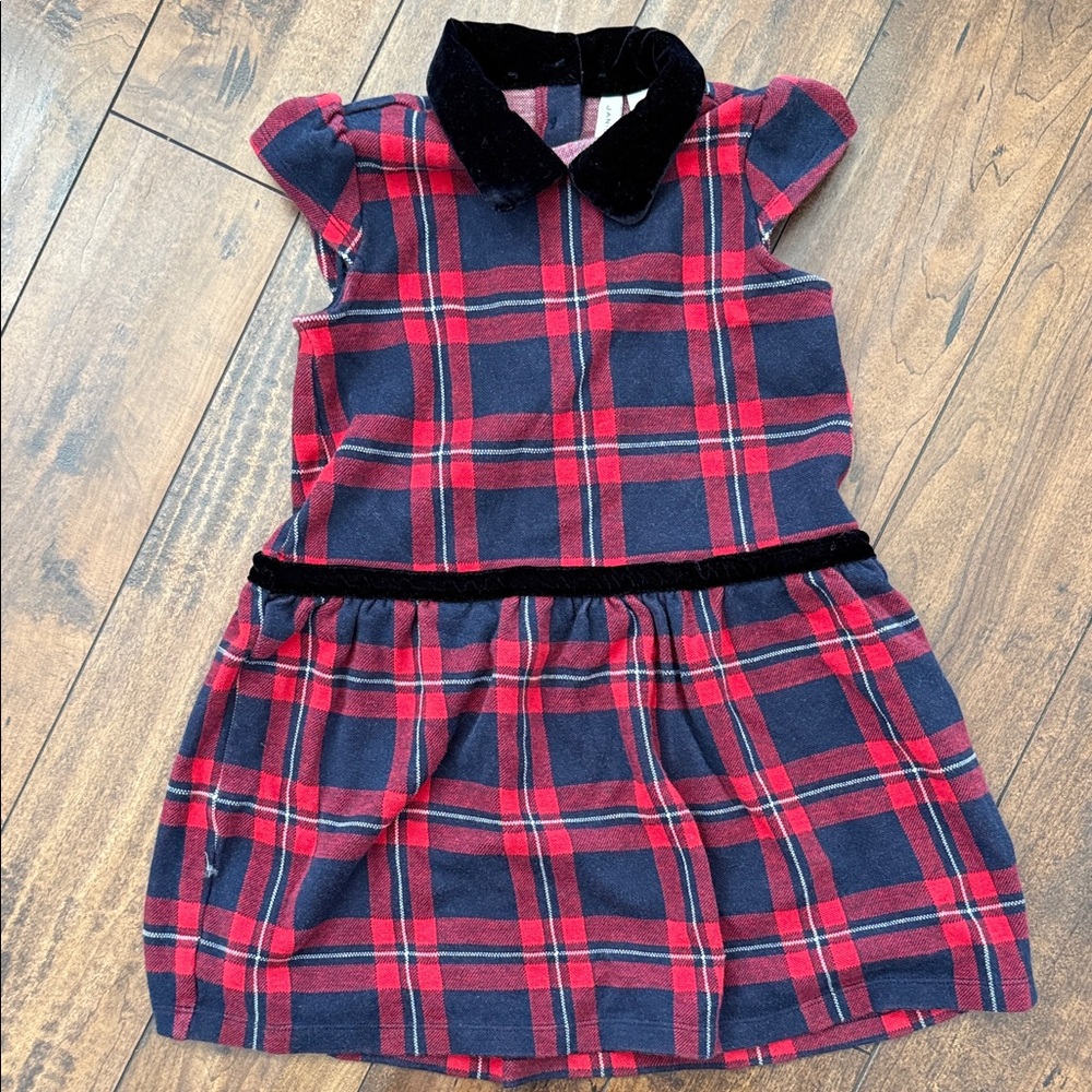 EUC Janie and Jack Red and Black and Blue Plaid Dress with Velvet Accents